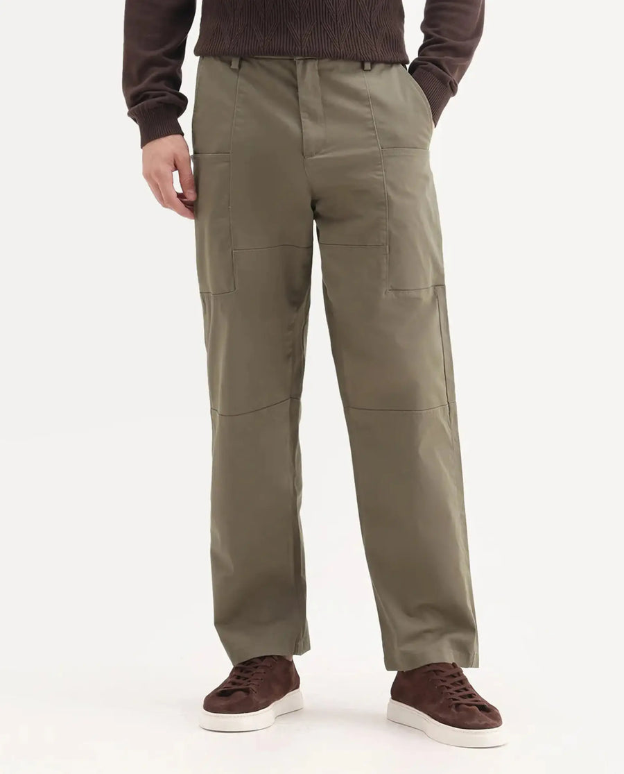 Rare Rabbit Men's Petro Dusky Olive Cotton Plain Straight Fit Trouser