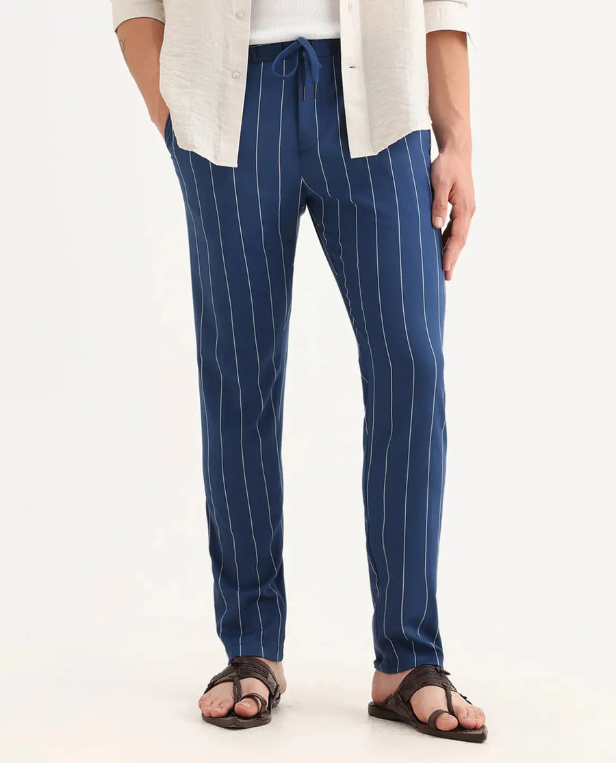 Rare Rabbit Men's Pixie Dark Blue Polyester Striped Print Regular Fit Trouser