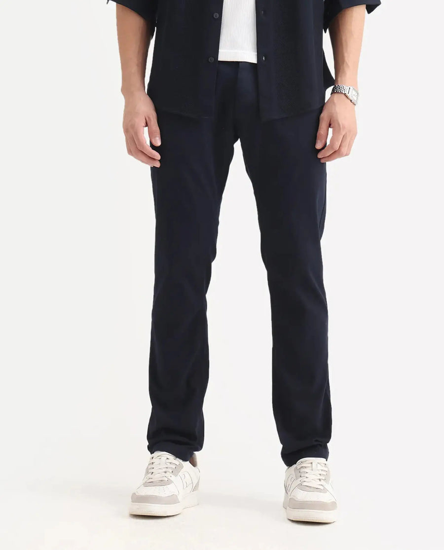 Rare Rabbit Men's Poke-2 Navy Cotton Plain Regular Fit Trouser