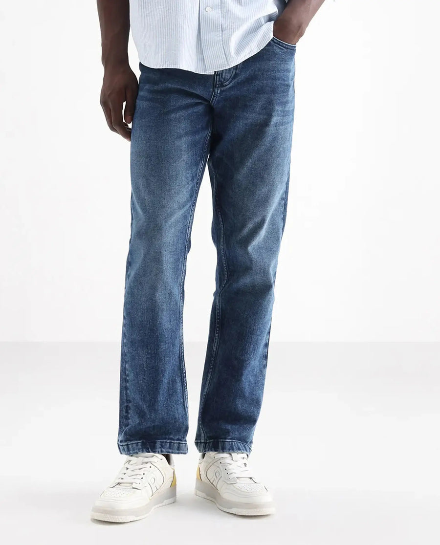 Rare Rabbit Men's Polin Dusky Blue Cotton Plain Morris Regular Fit Jeans