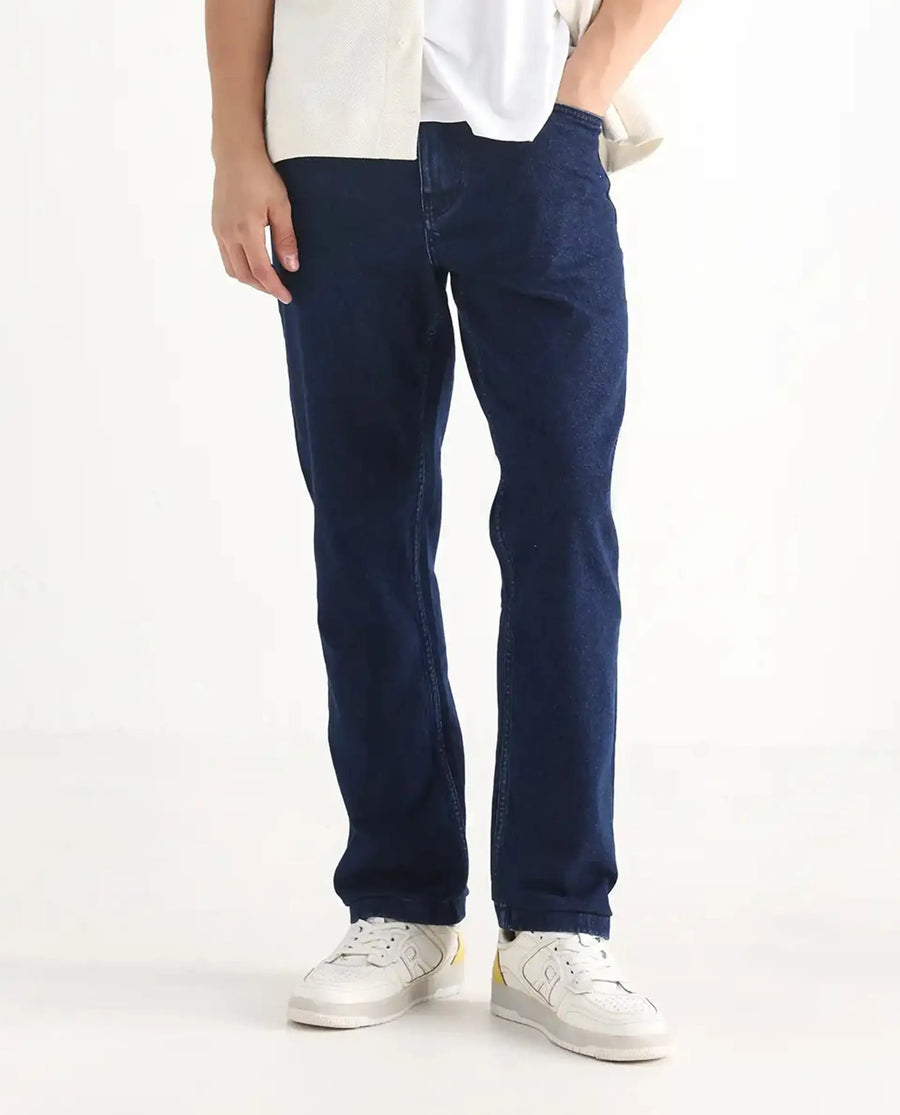 Rare Rabbit Men's Polin Navy Cotton Plain Morris Regular Fit Jeans