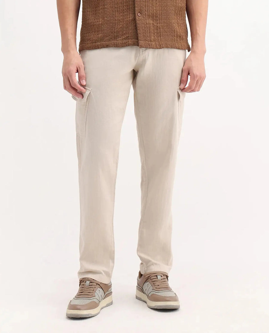 Rare Rabbit Men's Presso-25 Beige Cotton Plain Relaxed Fit Trouser