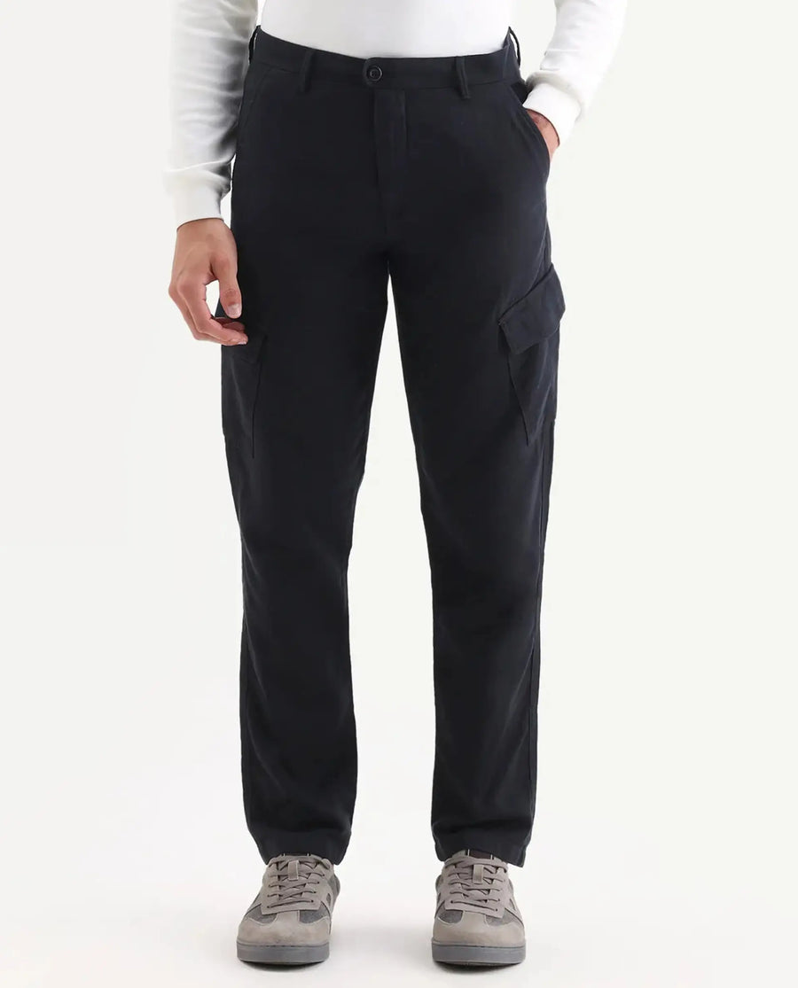 Rare Rabbit Men's Presso 25 Black Cotton Plain Relaxed Fit Trouser