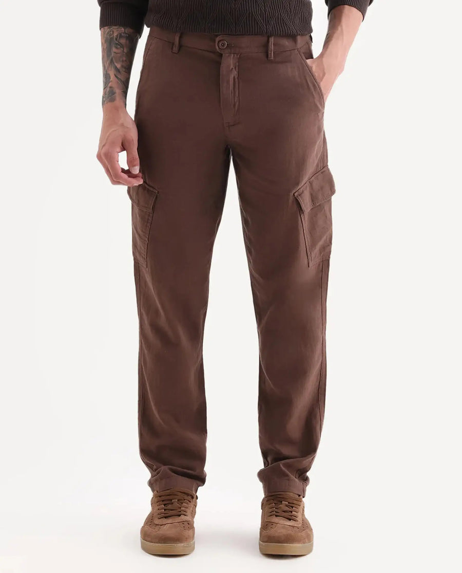 Rare Rabbit Men's Presso 25 Dusky Brown Cotton Plain Relaxed Fit Trouser