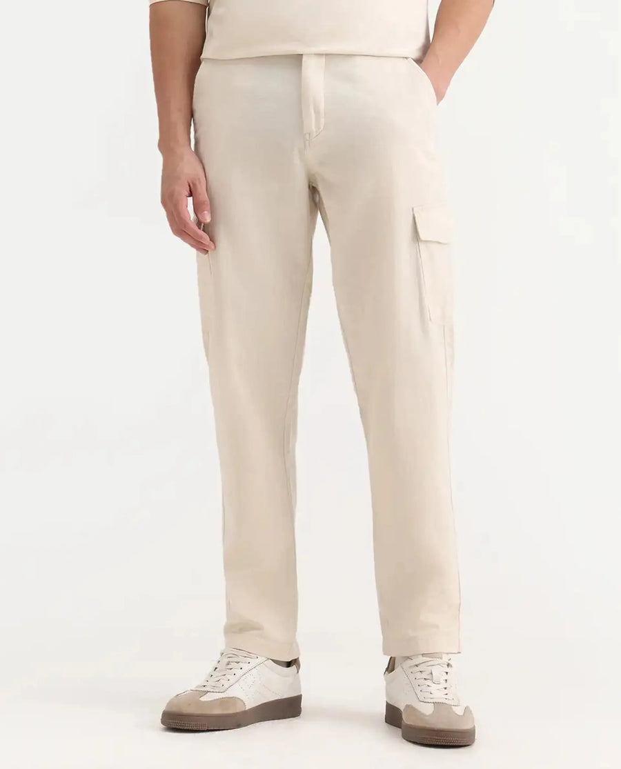 Rare Rabbit Men's Presso-Aw25 Off White Cotton Plain Regular Fit Trouser