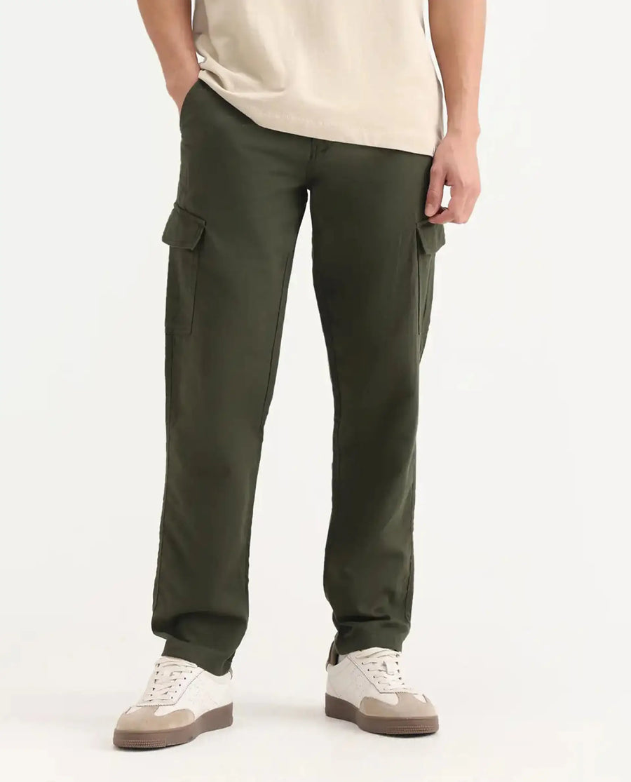 Rare Rabbit Men's Presso-Aw25 Olive Cotton Plain Regular Fit Trouser