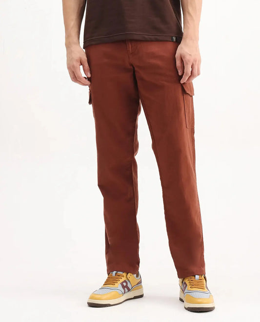Rare Rabbit Men's Presso-Aw25 Rust Cotton Plain Regular Fit Trouser