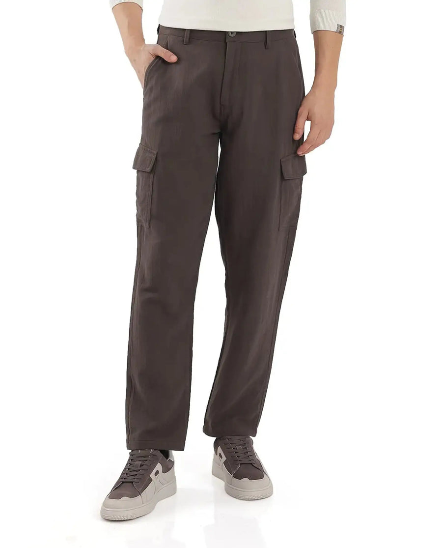 Rare Rabbit Men's Presso Dusky Brown Cotton Plain Relaxed Fit Trouser