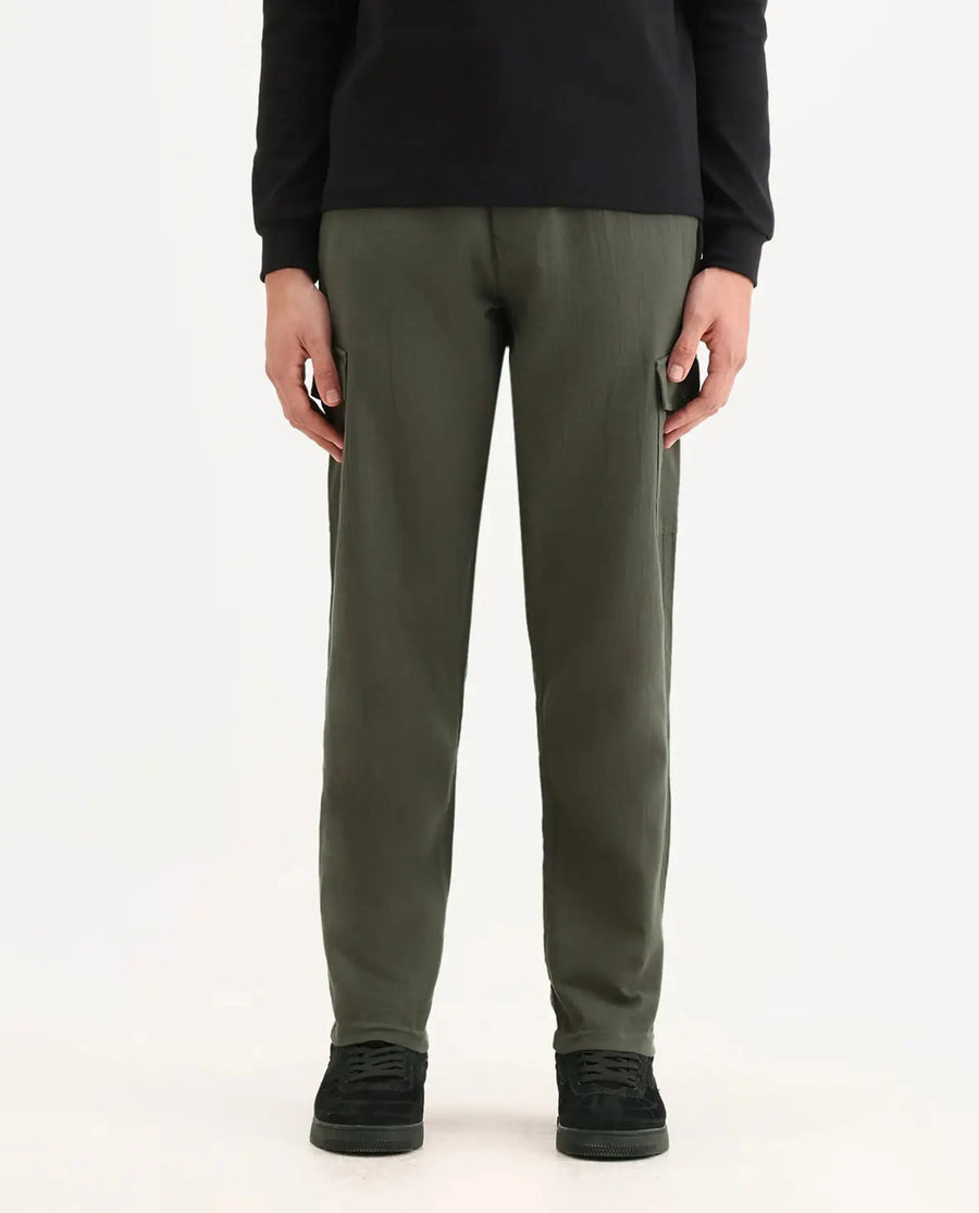 Rare Rabbit Men's Presso Dusky Green Cotton Plain Relaxed Fit Trouser