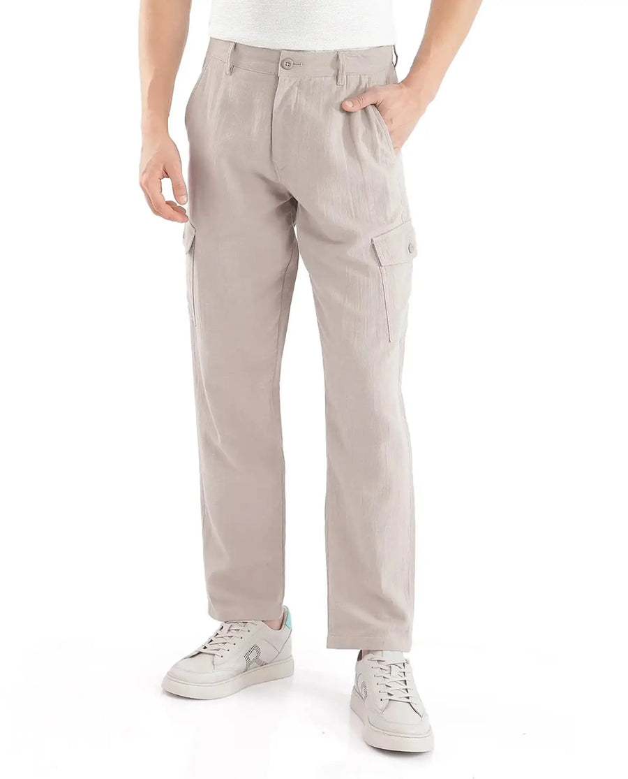 Rare Rabbit Men's Presso Light Beige Cotton Plain Relaxed Fit Trouser