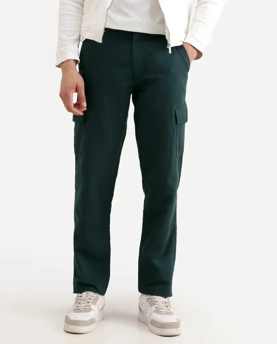 Rare Rabbit Men's Presso-Ss26 Dark Green Cotton Fabric Regular Fit Plain Cargo Trouser