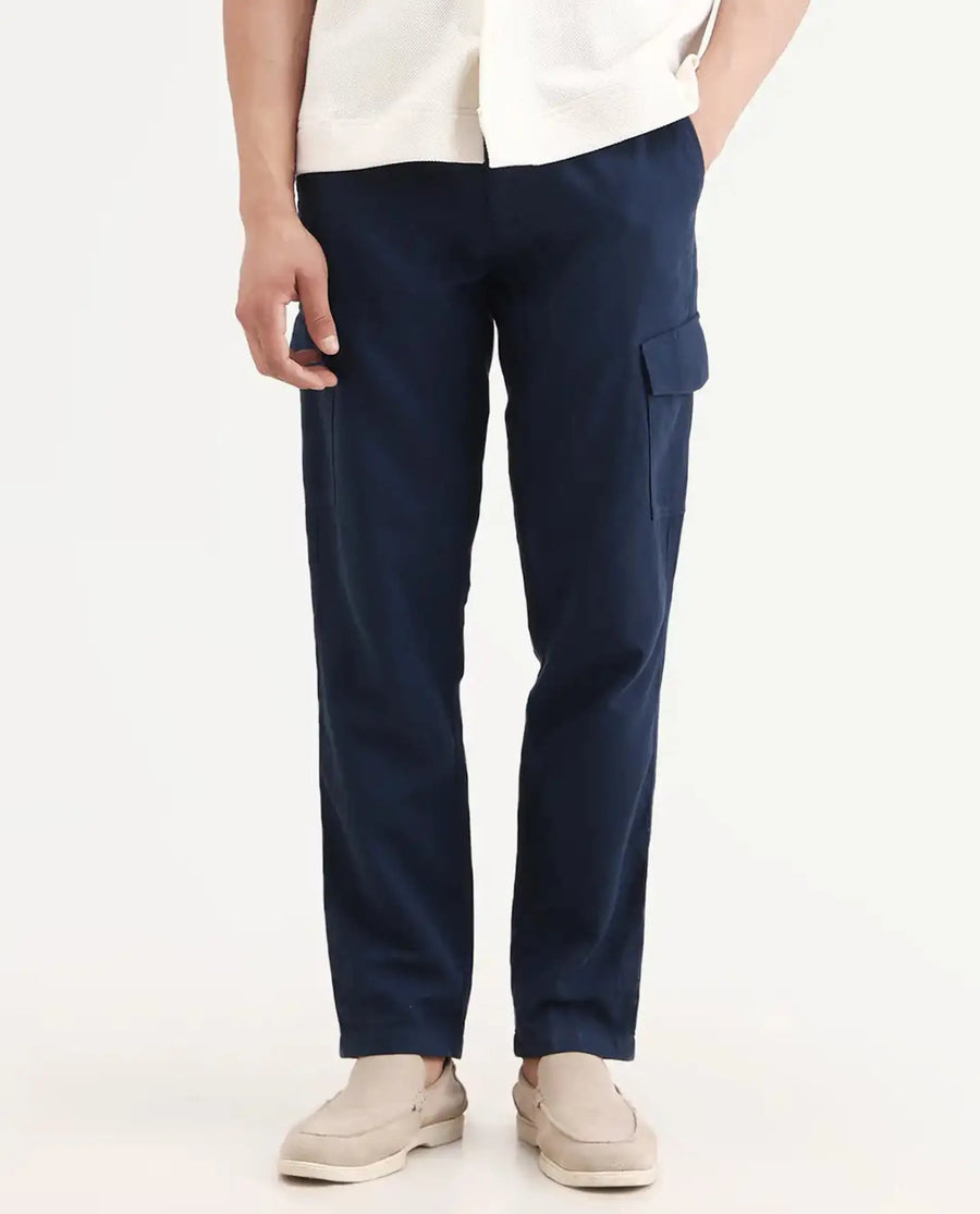 Rare Rabbit Men's Presso-Ss26 Dark Teal Cotton Fabric Regular Fit Plain Cargo Trouser