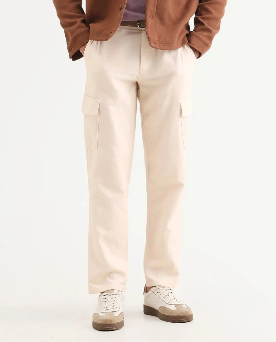 Rare Rabbit Men's Presso-Ss26 Light Beige Cotton Fabric Regular Fit Plain Cargo Trouser