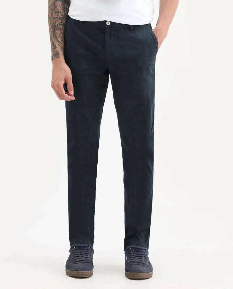 Rare Rabbit Men's Quince Dark Navy Cotton Checked Print Regular Fit Trouser
