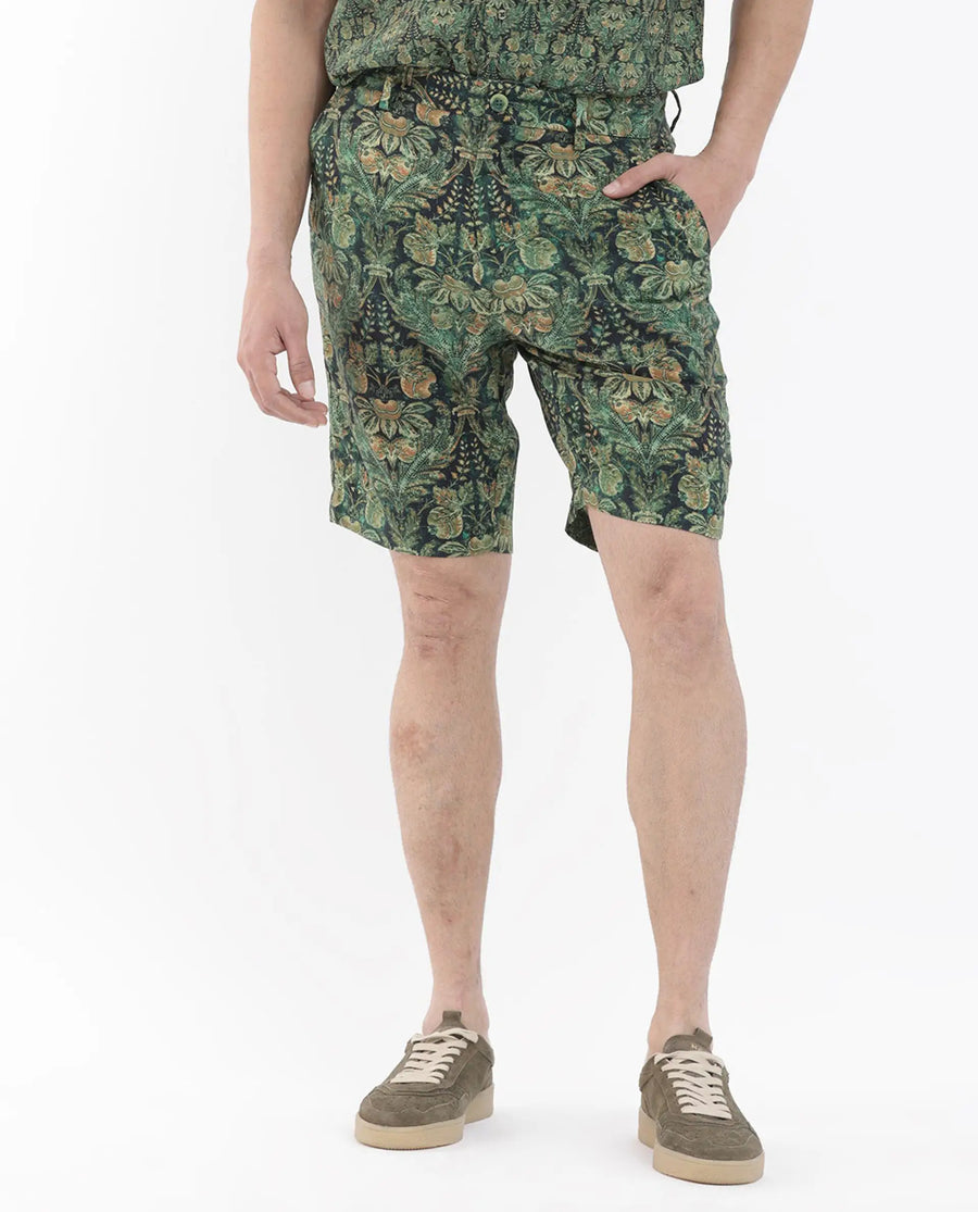 Rare Rabbit Men's Rabeno Dark Green Cotton Tropical Print Relaxed Fit Shorts