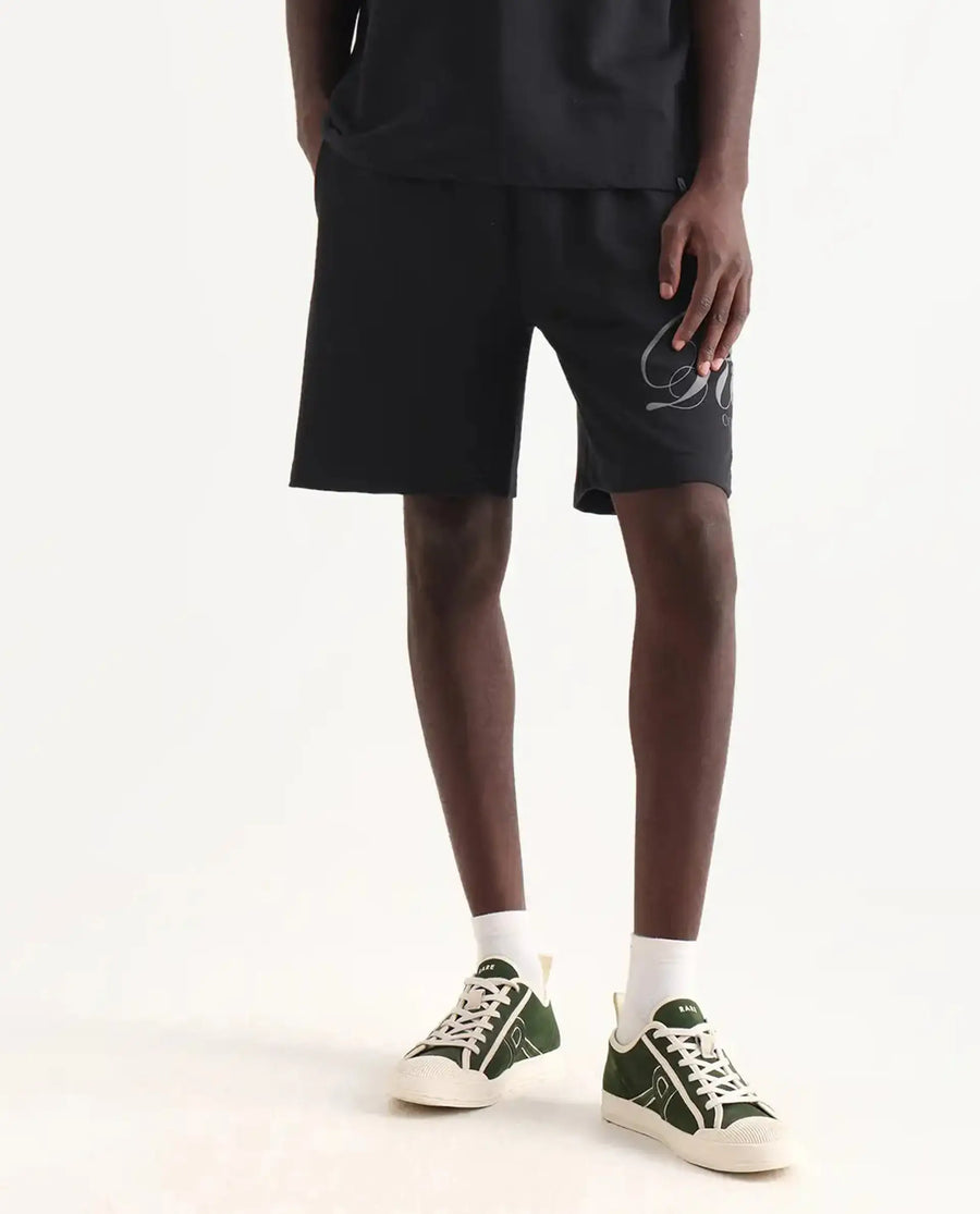 Rare Rabbit Men's Ranot Black Cotton Graphic Print Oversized Fit Shorts