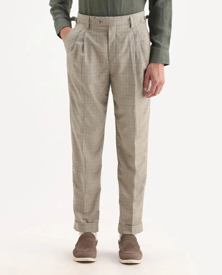Rare Rabbit Men's Renot Beige Cotton Checked Print Regular Fit Trouser