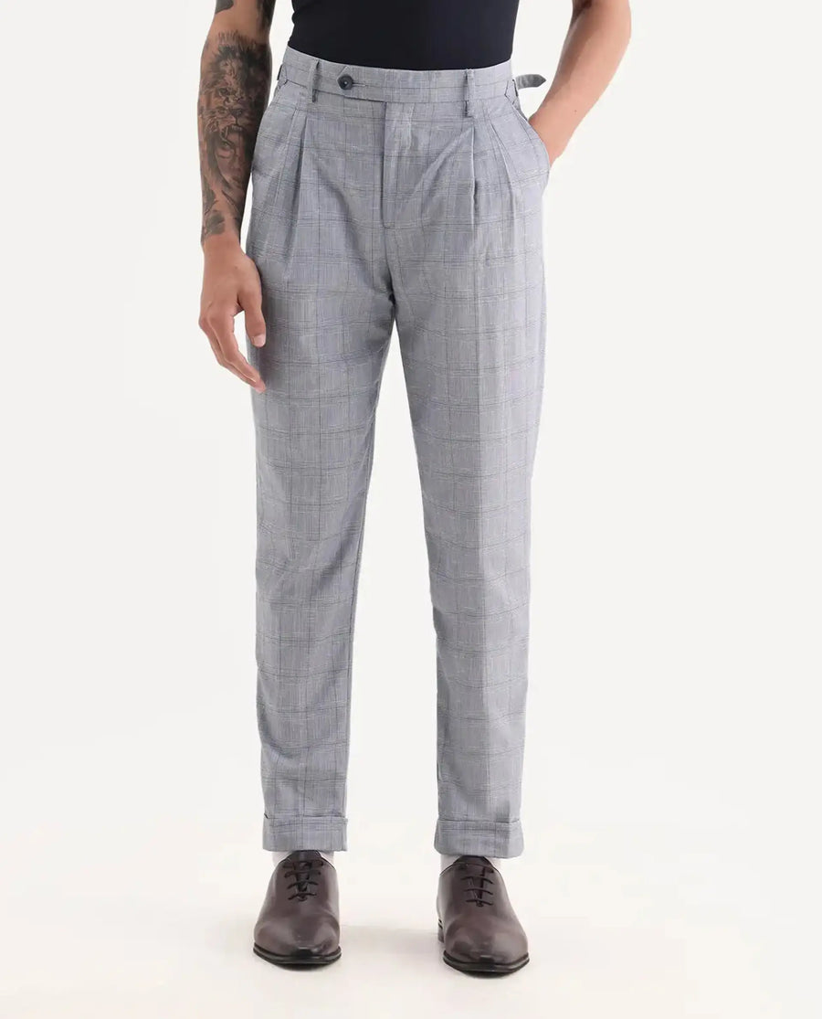 Rare Rabbit Men's Renot Blue Cotton Checked Print Regular Fit Trouser