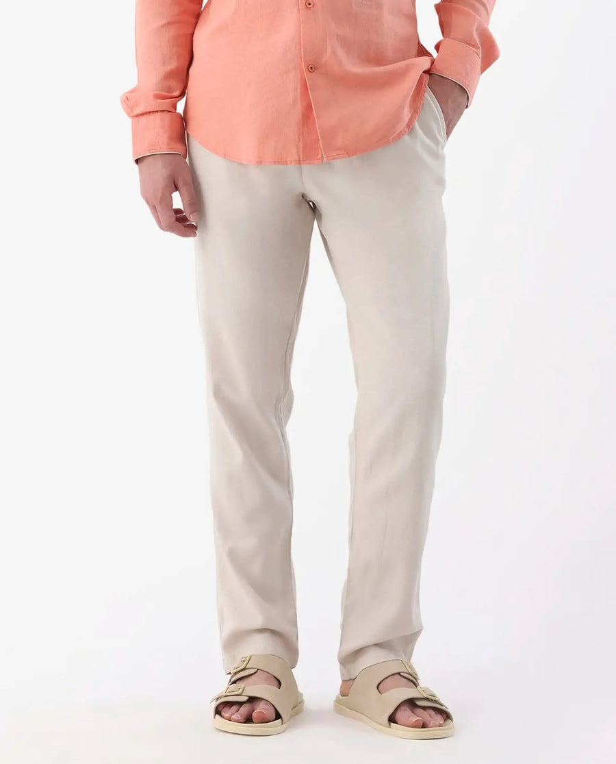 Rare Rabbit Men's Reric Pastel Beige Linen Blend Plain Regular Fit Trouser