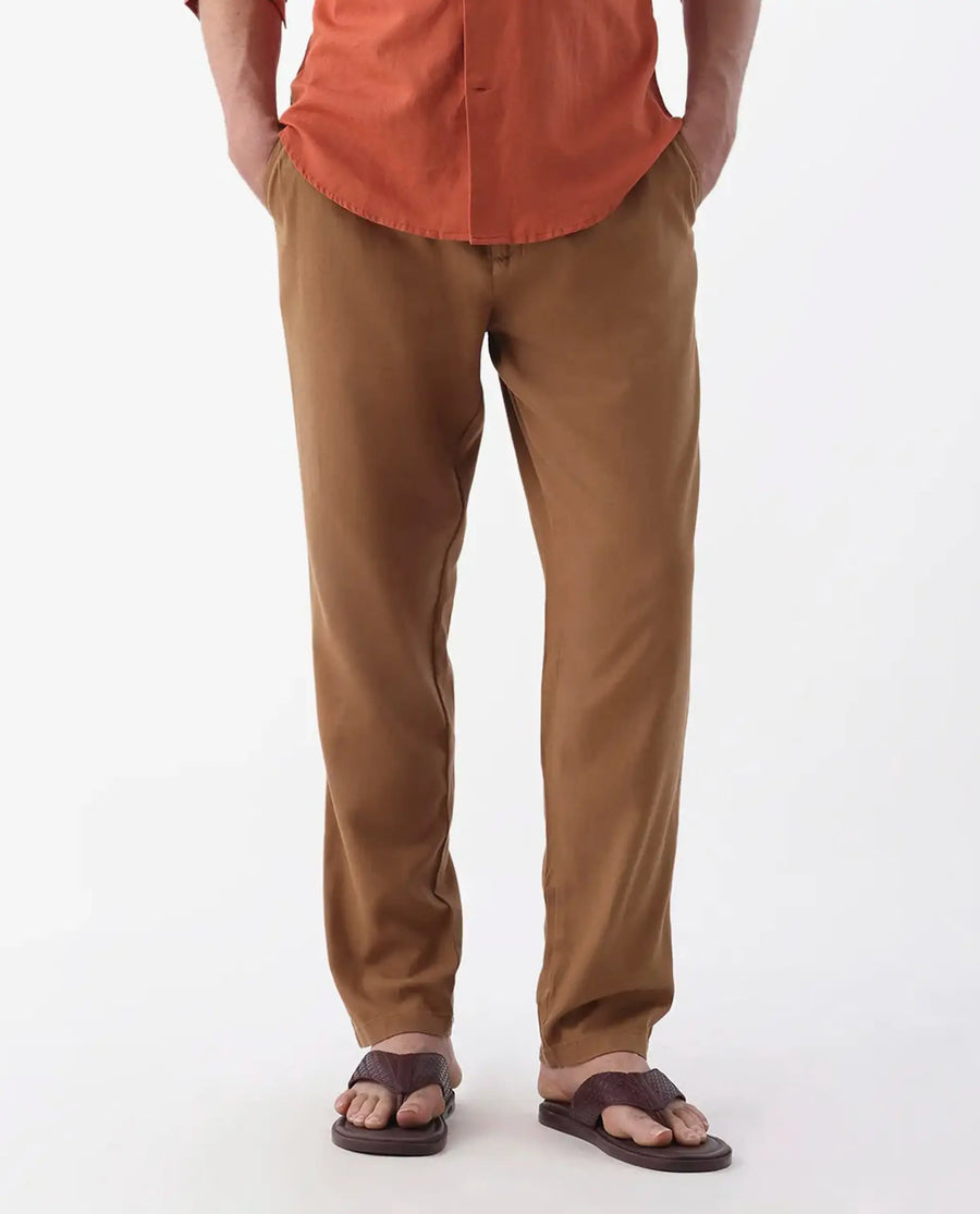 Rare Rabbit Men's Reric Pastel Brown Linen Blend Plain Regular Fit Trouser