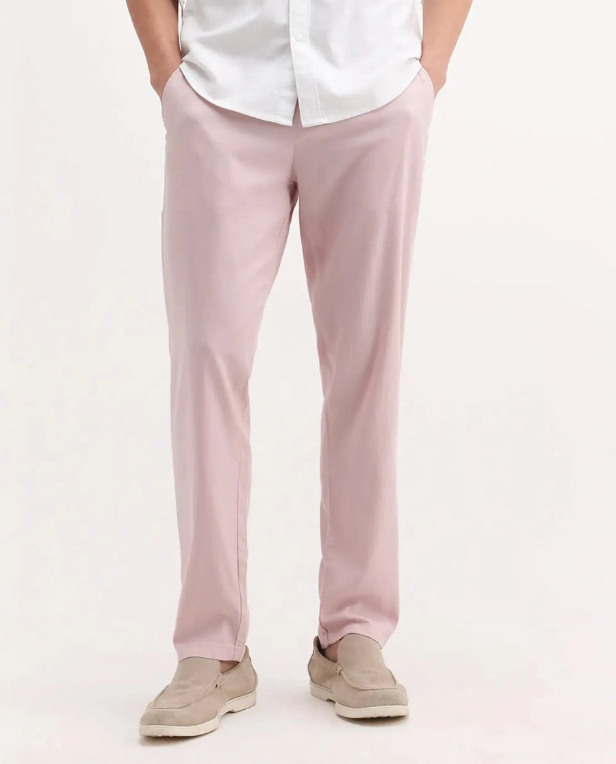 Rare Rabbit Men's Reric Pastel Pink Linen Blend Plain Regular Fit Trouser