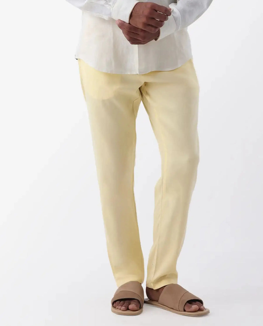 Rare Rabbit Men's Reric Pastel Yellow Linen Blend Plain Regular Fit Trouser