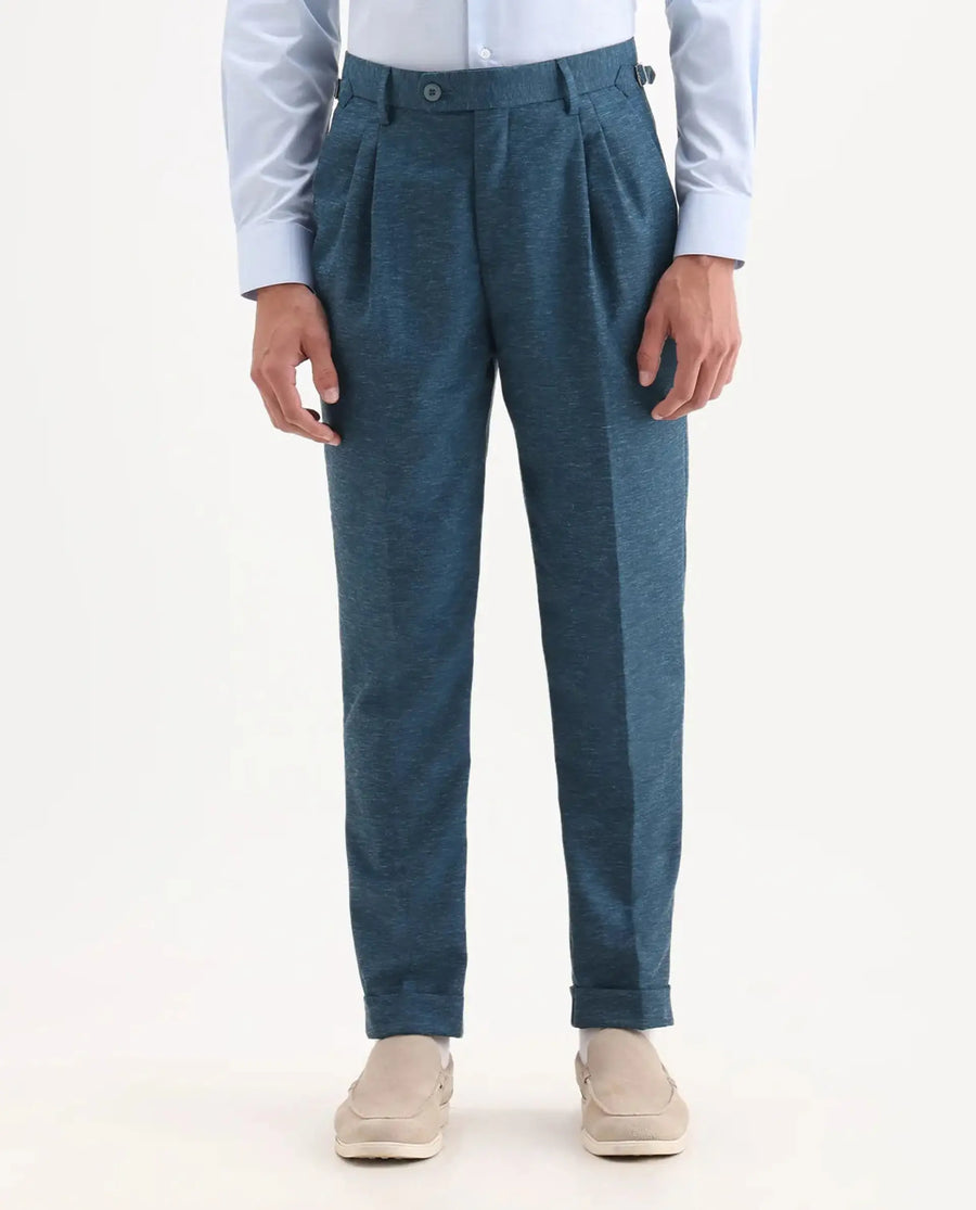 Rare Rabbit Men's Rhesa Dark Teal Linen Blend Plain Relaxed Fit Trouser