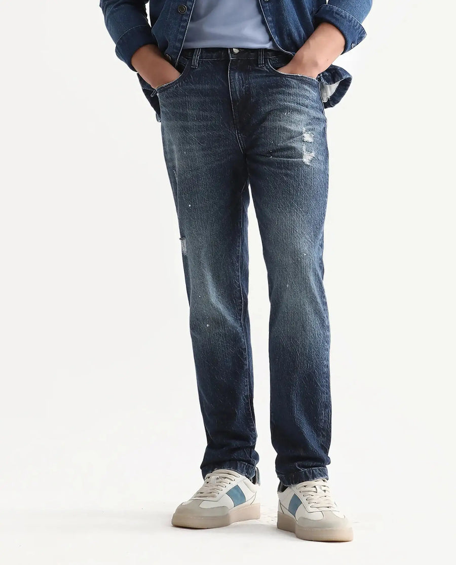 Rare Rabbit Men's Riley Blue Cotton Plain Kurt Carrot Fit Jeans
