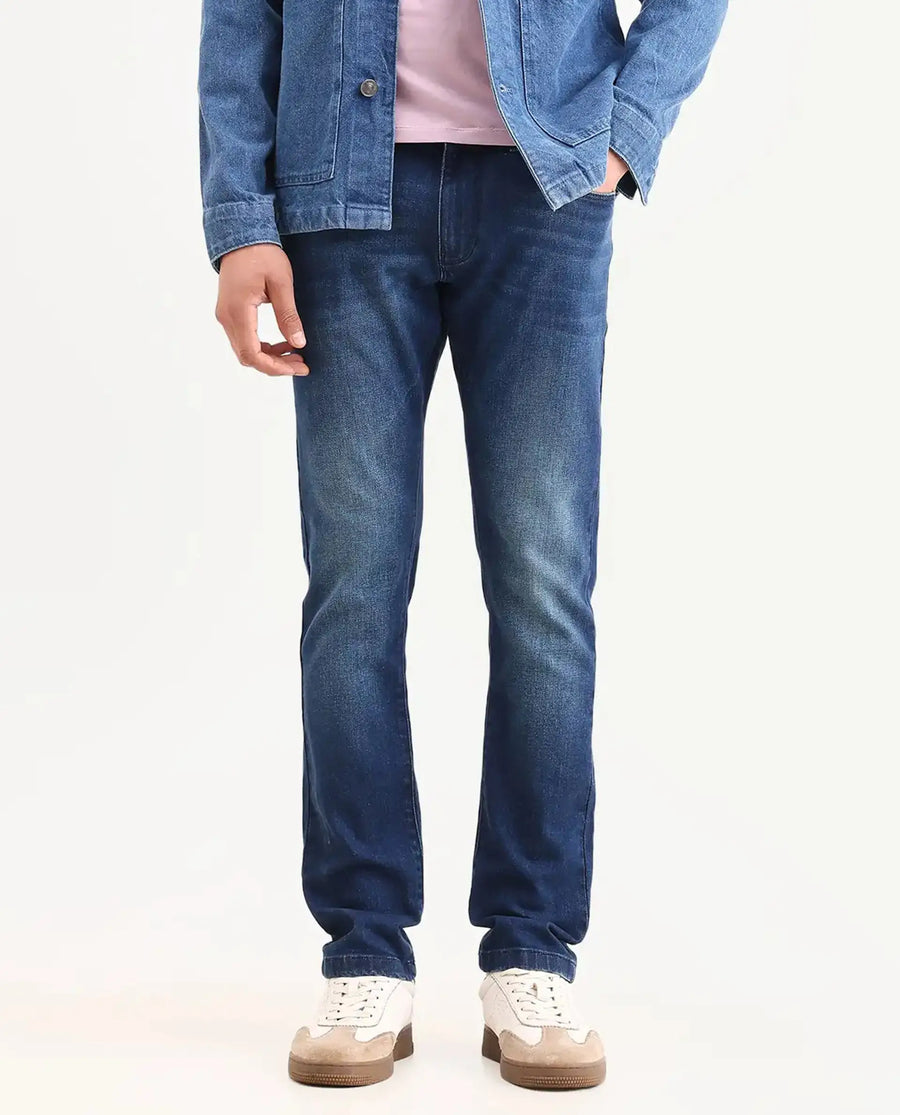 Rare Rabbit Men's Rilo H Dark Blue Cotton Blend Fabric Hawk Slim Plain Jeans
