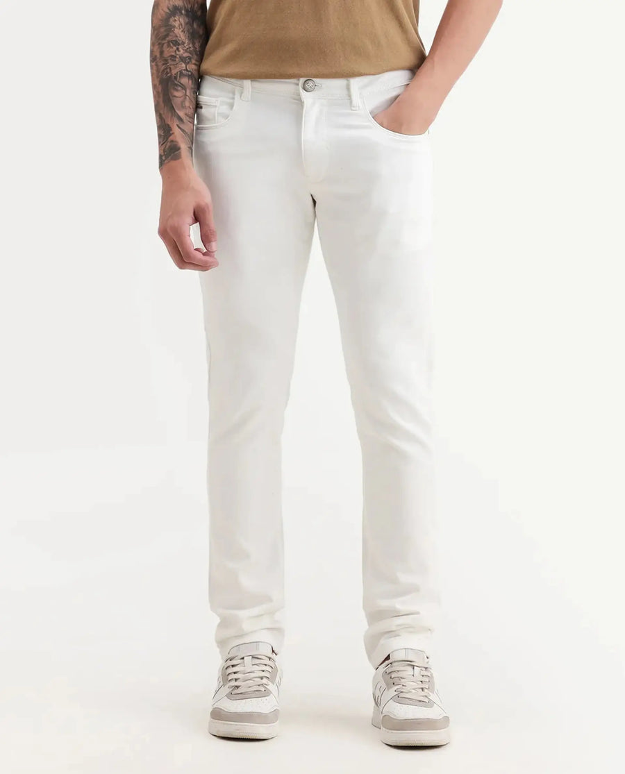 Rare Rabbit Men's Rivol Off White Cotton Blend Plain Hawk Slim Fit Jeans