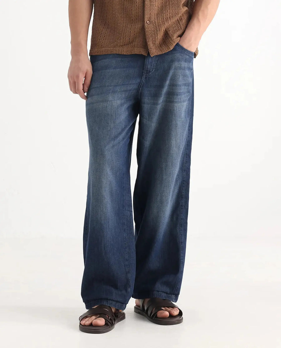 Rare Rabbit Men's Rory Light Blue Cotton Plain Baggy Fit Jeans