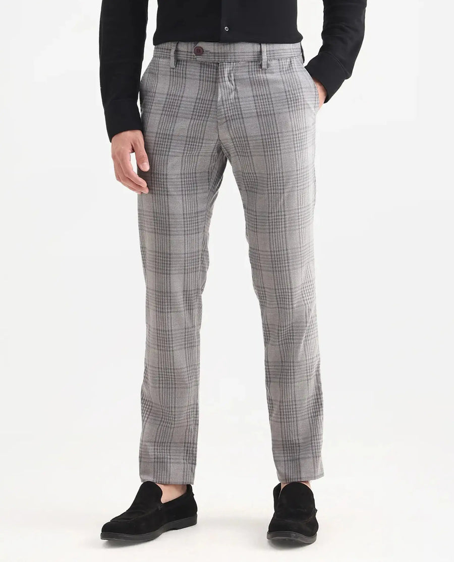 Rare Rabbit Men's Rowe Grey Polyester Checked Print Regular Fit Trouser