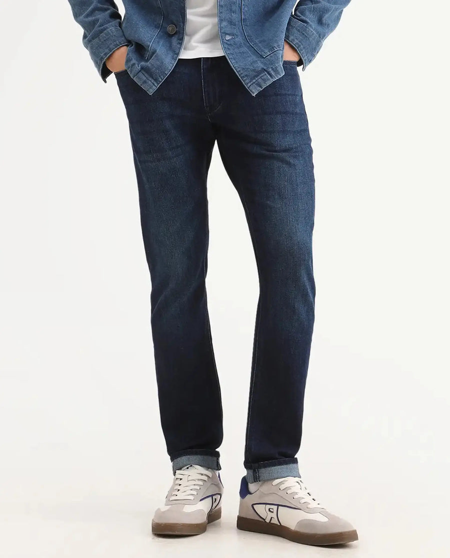 Rare Rabbit Men's Samm Dark Blue Cotton Blend Fabric Hawk Slim Fit Jeans