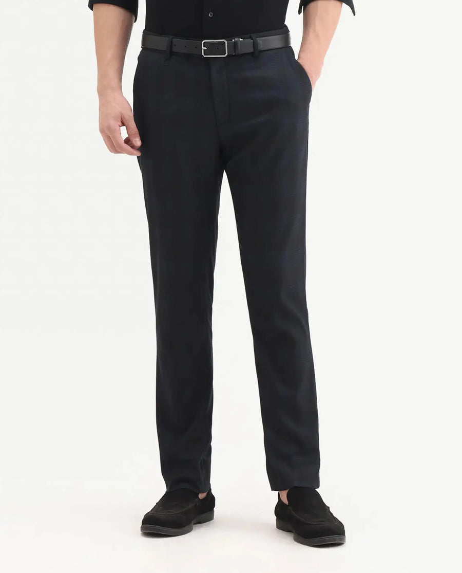 Rare Rabbit Men's Sander Navy Polyester Checked Print Regular Fit Trouser