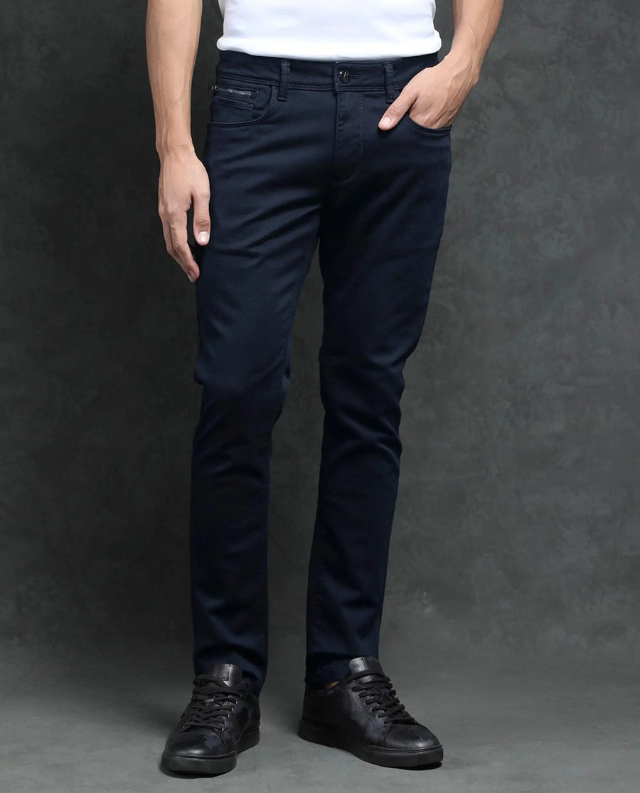 Rare Rabbit Men's Saton Navy Cotton Plain Hawk Slim Fit Jeans