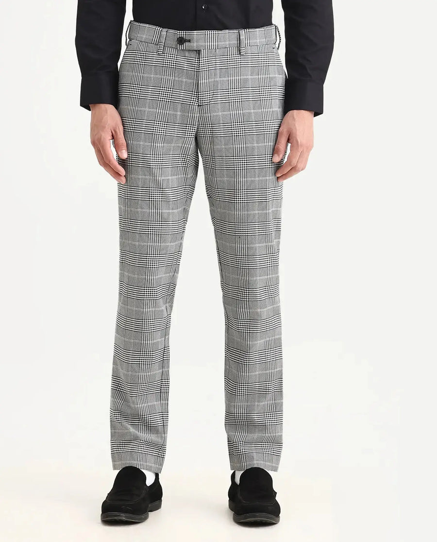 Rare Rabbit Men's Savvet Grey Polyester Checked Print Regular Fit Trouser