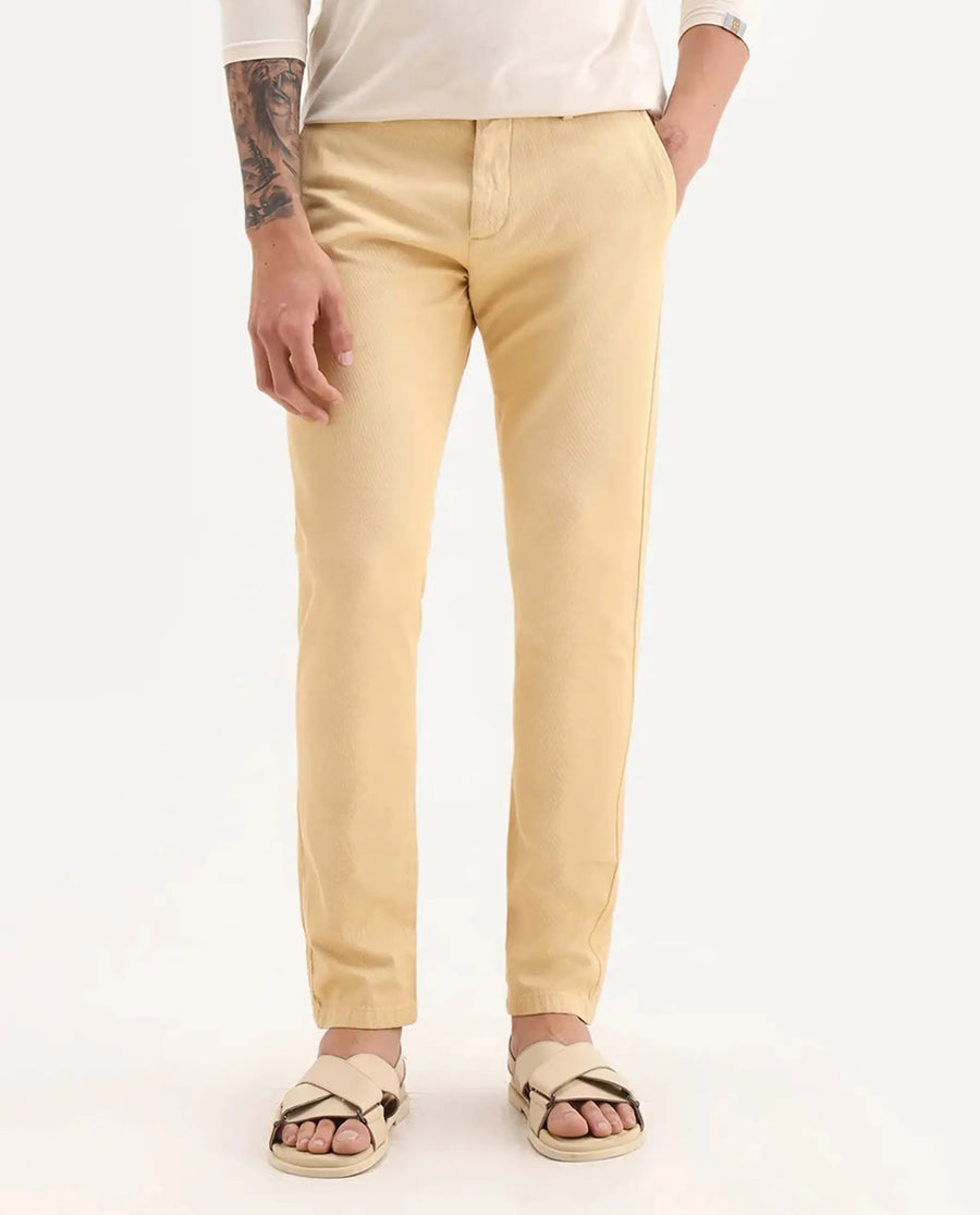 Rare Rabbit Men's Scotch Yellow Cotton Plain Slim Fit Trouser