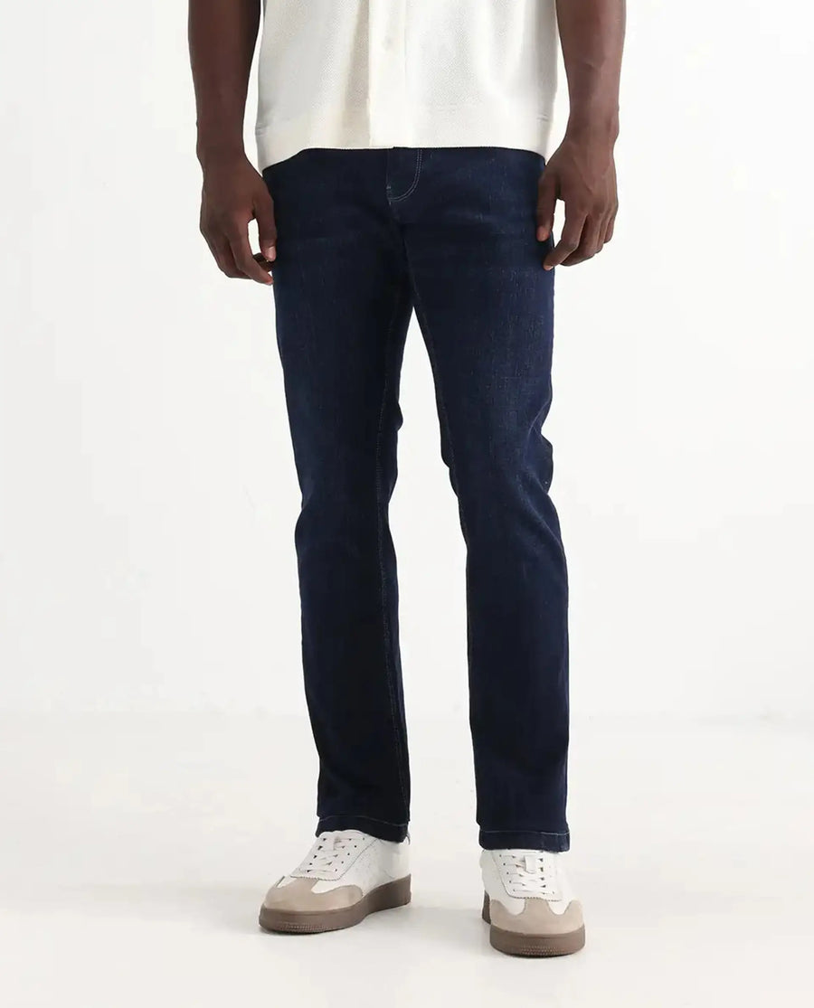 Rare Rabbit Men's Shirol Blue Cotton Blend Plain Hawk Slim Fit Jeans