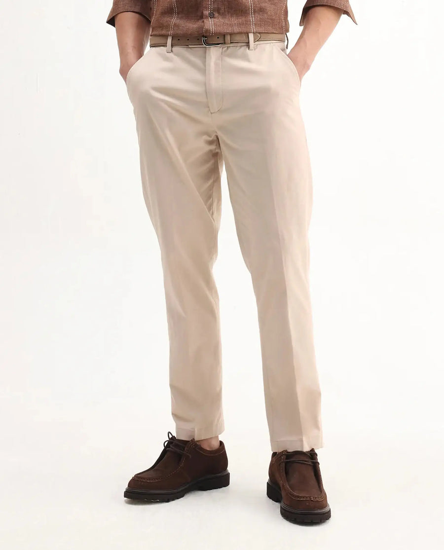 Rare Rabbit Men's Smart Beige Cotton Blend Plain Regular Fit Trouser