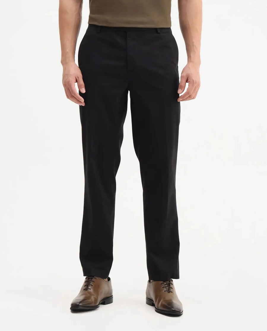 Rare Rabbit Men's Smart Black Cotton Blend Plain Regular Fit Trouser