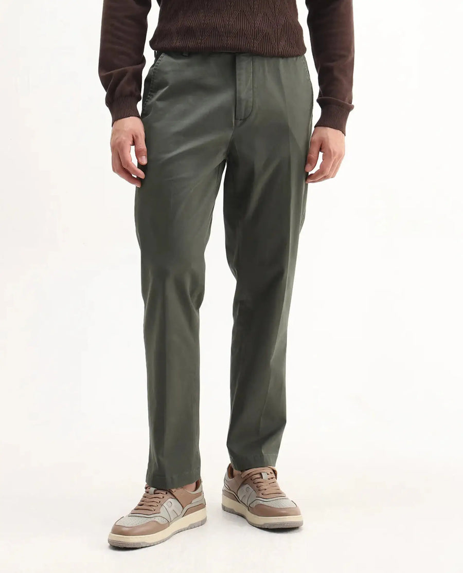Rare Rabbit Men's Smart Dusky Green Cotton Blend Plain Regular Fit Trouser