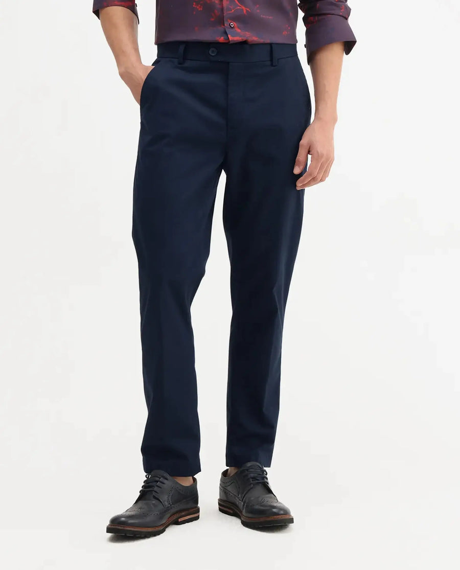 Rare Rabbit Men's Smart Navy Cotton Blend Plain Regular Fit Trouser