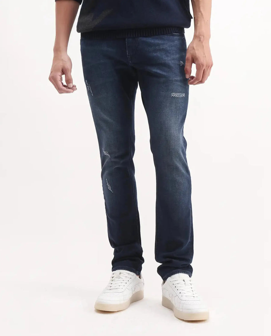 Rare Rabbit Men's Snugh Navy Cotton Blend Plain Hawk Slim Fit Jeans
