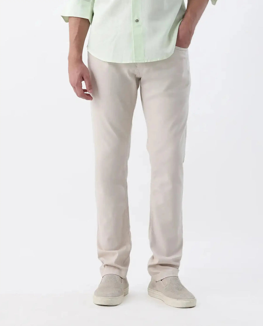 Rare Rabbit Men's Spoke 24 Light Beige Cotton Blend Plain Regular Fit Trouser