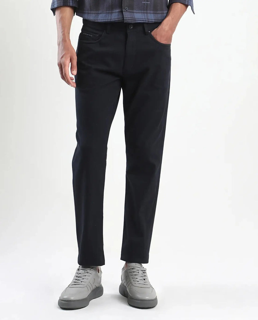 Rare Rabbit Men's Spoke-Aw25 Navy Cotton Blend Plain Regular Fit Trouser