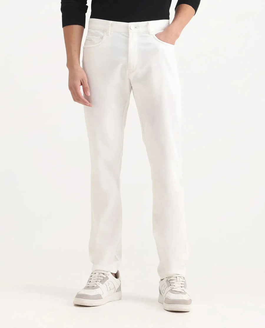 Rare Rabbit Men's Spoke-Aw25 White Cotton Blend Plain Regular Fit Trouser