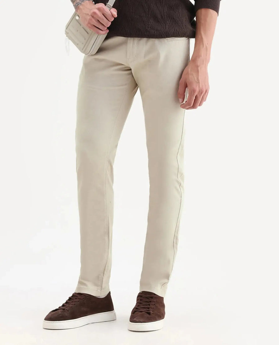 Rare Rabbit Men's Spoke Beige Cotton Plain Regular Fit Trouser