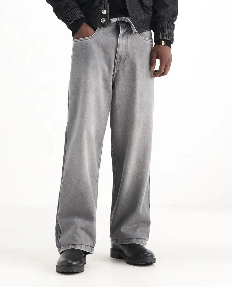 Rare Rabbit Men's Srito Grey Cotton Plain Baggy Fit Jeans