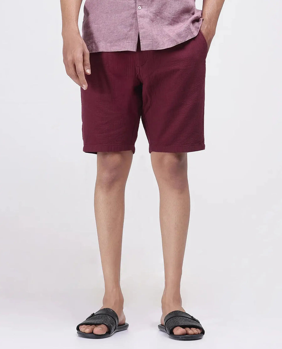 Rare Rabbit Men's Steo Maroon Cotton Blend Plain Relaxed Fit Shorts