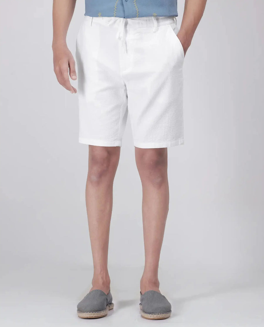 Rare Rabbit Men's Steo White Cotton Blend Plain Relaxed Fit Shorts